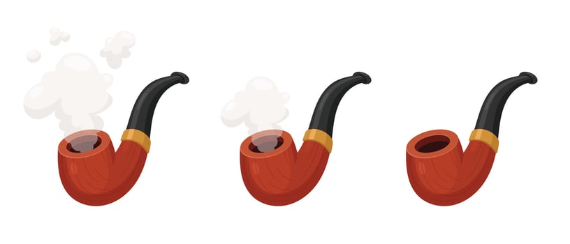 Cartoon depiction of three vintage tobacco pipes isolated on a white background. One is lit, creating smoke. The pipes are brown with a black stem and gold band. vector