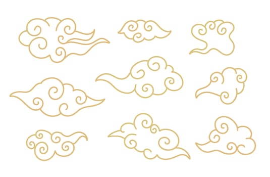 Traditional Asian design elements collection of clouds. gold on white illustration. Concept, clipart for Chinese Lunar New Year, Mid Autumn Festival, CNY card, banner, poster, decor. vector