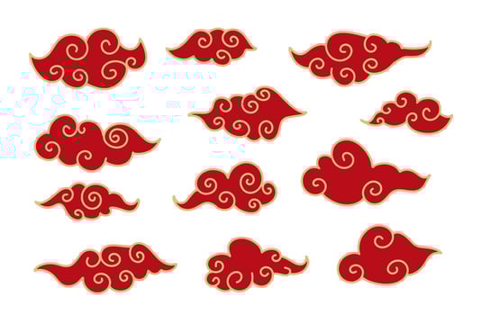 Japanese traditional clouds set, Asian wavy curly ornament. China ornament clipart, eastern decoration. Red Clouds flow with the wind in the sky and golden contour. vector