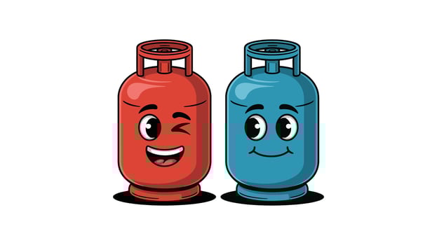 Two Cartoon Gas Cylinders, One Winking Red and One Smiling Blue propane fuel vector