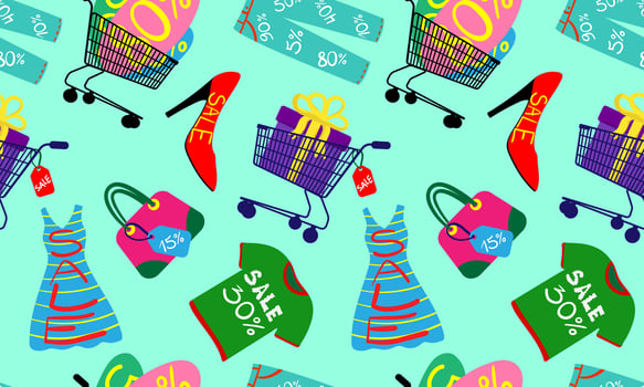 seamless shopping sale pattern with clothes shoes gifts shopping carts and discount percentages black friday retail design vector