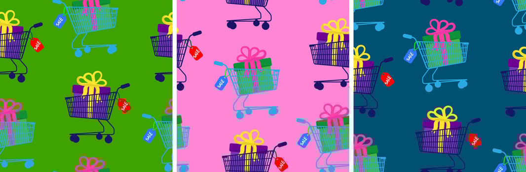 colorful shopping carts with gifts and sale tags seamless pattern set illustration black friday seasonal discounts promotion design vector
