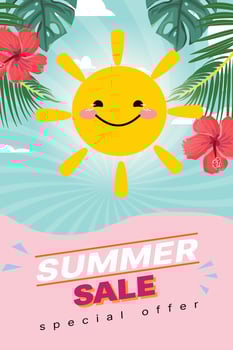 Happy sun above pink wave, hibiscus flowers, palm leaves, sale text, vertical promo, cute summer poster vector
