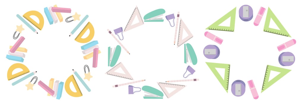 Set of stationery frames flat style. School supplies frames on white background vector