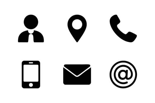Collection of six essential contact information icons in a simple silhouette vector