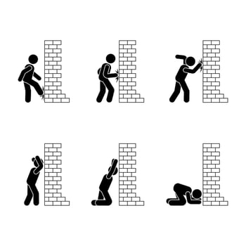 Stress pressure man stick figure poses. Hitting, beating, angry, frustrated person pictogram vector