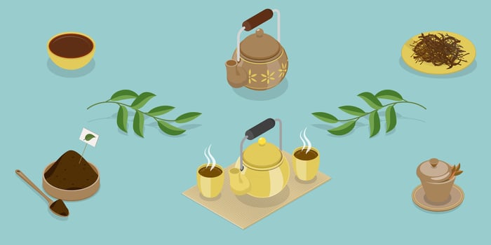 Tea ingredients and brewing tools illustration vector