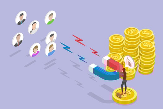 Magnet attracting customers with coins vector