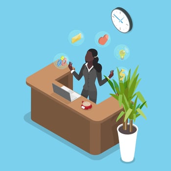 Woman managing tasks at reception desk vector