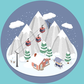 Snowy mountains with gondola and cabin vector
