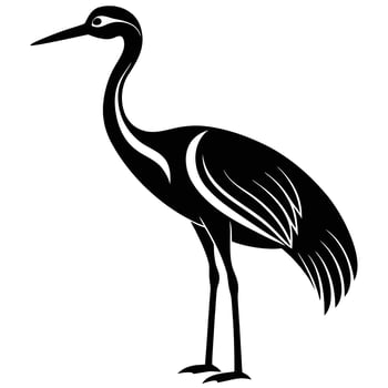 Stylized black silhouette of a standing crane with detailed feathers bird long neck vector
