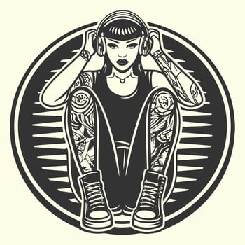 Tattooed woman wearing headphones listening to music isolated on white background vector