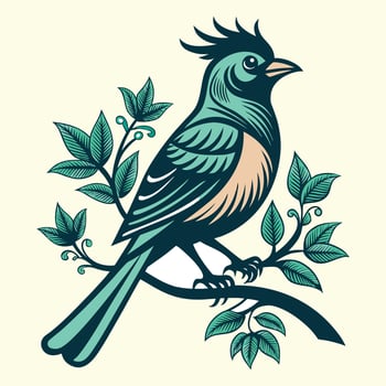 Stylized teal bird perched on a branch isolated on white background vector