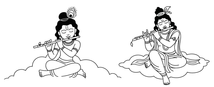 Two illustrations of Krishna playing flute sitting on clouds hindu god deity vector