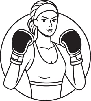 Female Boxer with Gloves in Guard Position - Black and White Line Art Illustration vector