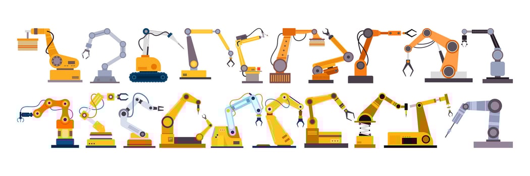 Various robotic arms for automated tasks vector