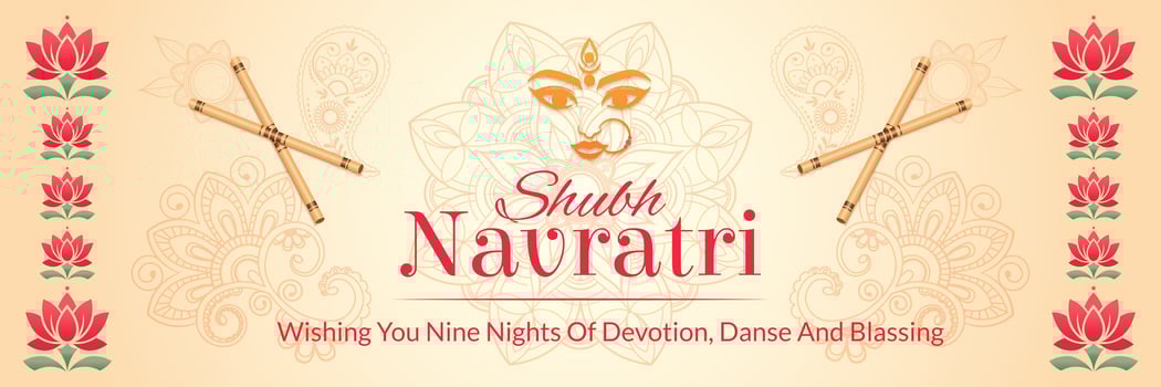 Shubh Navratri festive banner with goddess face, lotus flowers, dandiya sticks and mandala patterns on beige background. Traditional Indian style. For posters, web, invitations and print decor. vector