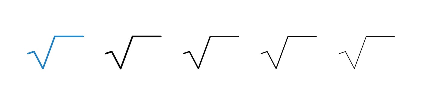 Square root icons in five different stroke sizes vector