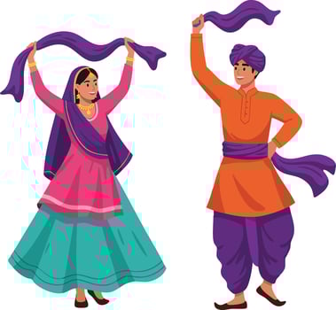Traditional Indian man and woman dancing in colorful ethnic clothing with purple scarves illustration vector