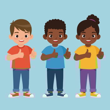 Three happy diverse children giving thumbs up with colorful clothes and sneakers illustration vector