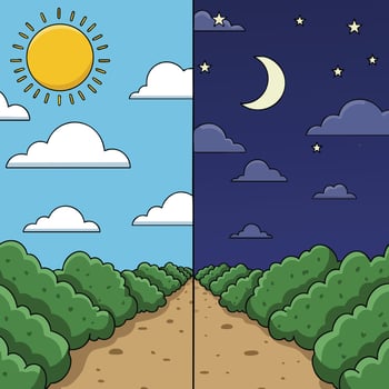 Day and night landscape with sun moon stars and green bushes natural outdoor scene illustration vector