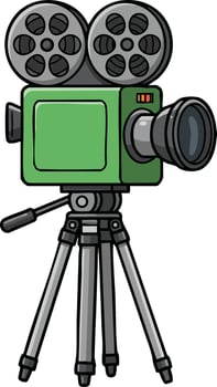 Vintage film camera on tripod illustration with green body and black reels design vector