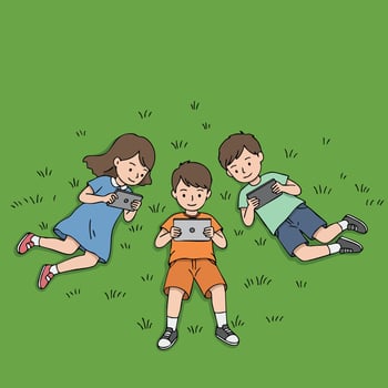 Children playing games lying on grass outdoors in casual clothes illustration vector