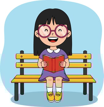 Girl with glasses reading book on yellow bench smiling cheerful illustration vector