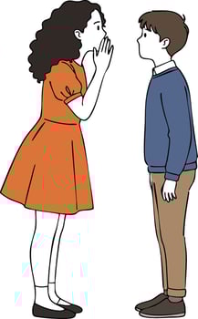 Children whispering secret conversation with girl in orange dress and boy in blue sweater illustration vector
