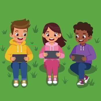 Children playing games outdoors on green grass with tablets in colorful hoodies and sneakers vector