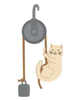 Cat and movable block or wheel with chute hand drawn flat style illustration. Back to school theme element, physics science mechanics vector