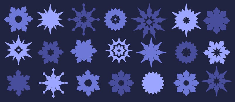 Snowflakes Set. Snow symbols isolated. Purple Snowflake icons. Hand drawn doodles winter elements for Christmas cards, prints, textiles, wrapping paper, packaging, holiday.Snowflake silhouette. vector