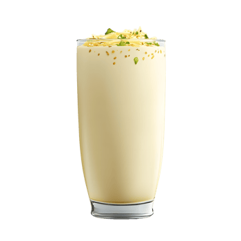 Tall glass of creamy yellow smoothie topped with chopped nuts isolated on transparent background png