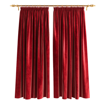 Rich red velvet stage curtains hanging from a metal rod isolated on transparent background png