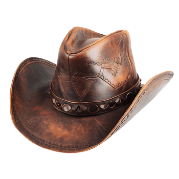Vintage distressed leather cowboy hat with intricate tooling isolated on transparent background png