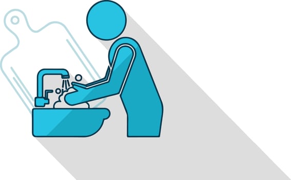 Blue flat design icon showing a person washing hands with soap and water at a sink. vector