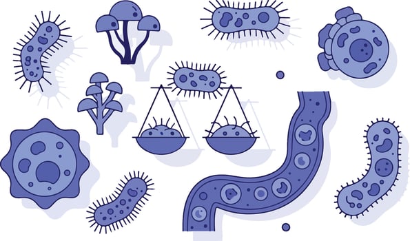Stylized Illustration of Microbes Fungi and Intestinal Tract. vector