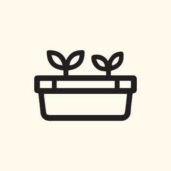 Simple line icon showing two fresh plant sprouts growing in a rectangular pot vector