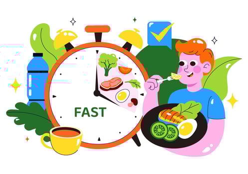 Boy eating healthy food with timer vector