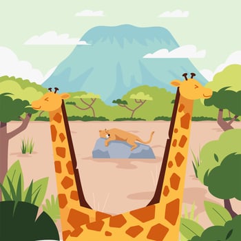 Giraffes with a lion in the savanna vector