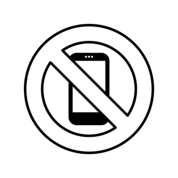 no cell phone sign icon. the design features a solid smartphone icon inside a minimalist outline circle and a diagonal line. vector