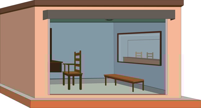 Witness protection concept with empty room and chairs behind glass window for security or criminal trial vector