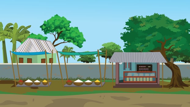Explore a vibrant village scene with local market and traditional architecture for travel and cultural projects vector