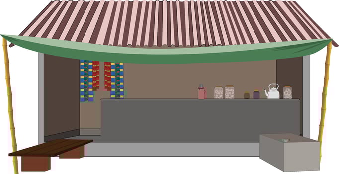Cozy roadside tea stall illustration offering snacks in jars under striped awning and bamboo supports vector