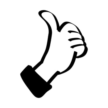 Black and white thumbs up hand gesture icon, simple and bold illustration symbolizing approval, agreement, success, and positive feedback, perfect for stickers, signs, or digital media use. vector