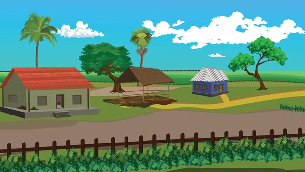 A small village with a red house and a blue house. The houses are surrounded by a fence and there is a road in the background. The scene is peaceful vector