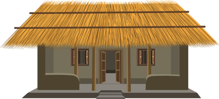 Charming rural home with open door and thatched roof evokes peaceful simplicity and rustic charm vector