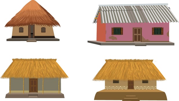 Charming collection of rural village houses with traditional thatched roofs, vibrant architecture design vector