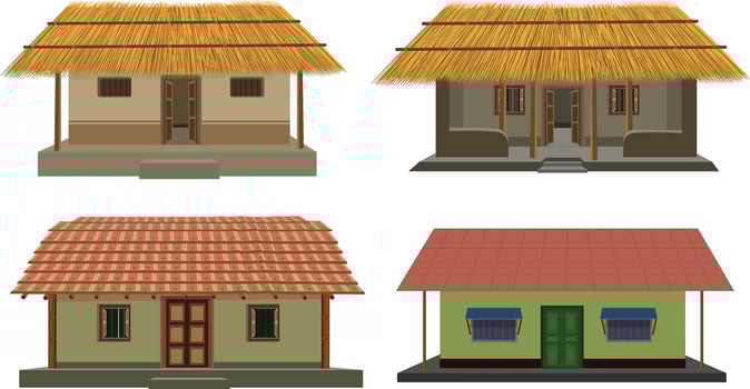Charming collection of rural village houses showcasing traditional architectural styles and simple living concepts vector