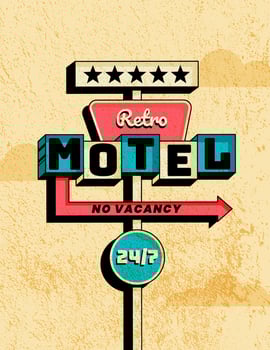 Retro motel sign and road trip element vertical poster with arrow and bold text. illustration in vintage colors and textured 70s style for print, wall art, branding, social media vector